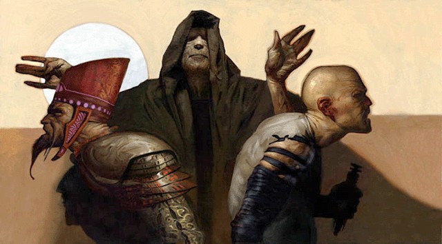 NAGA SADOW (LEFT), DARTH SIDIOUS (CENTER), AND DARTH BANE (RIGHT), THREE OF THE MOST IMPORTANT FIGURES IN SYHITH AND GALACTIC HISTORY.